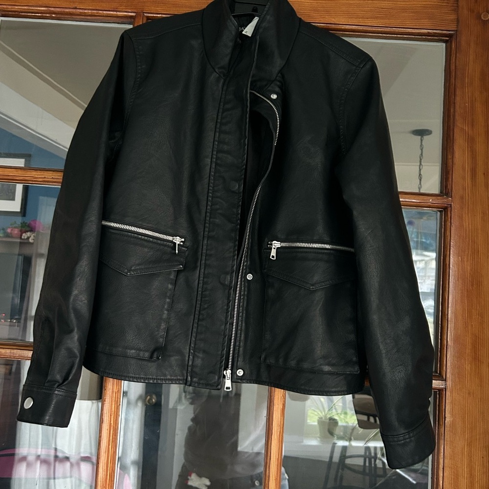 Baccini Women’s Black Vegan Leather Jacket with Silver Accents